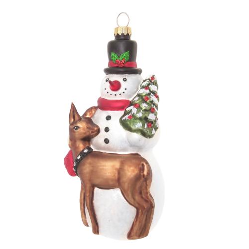 Schneemann mit Reh & Baum, Multicolor, 16cm