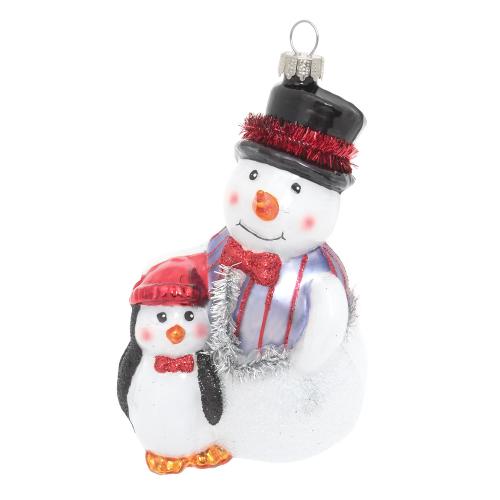 Schneemann mit Pinguin, Multicolor, 13cm