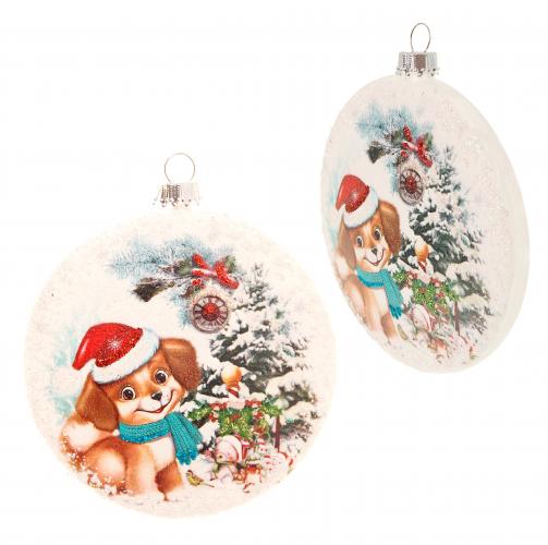 Multicolor 9cm Taler aus Glas, unversilbert, bedruckt und dekoriert mit Baby-Hund mit Weihnachtsmtze, mundgeblasen und handdekoriert