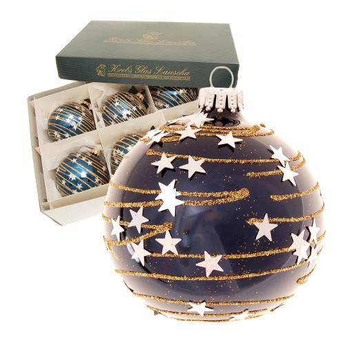 Kobaltblau glanz 8cm Glaskugel mundgeblasen und handdekoriert mit Sternenhimmel in Gold und Silber (6 Stck)