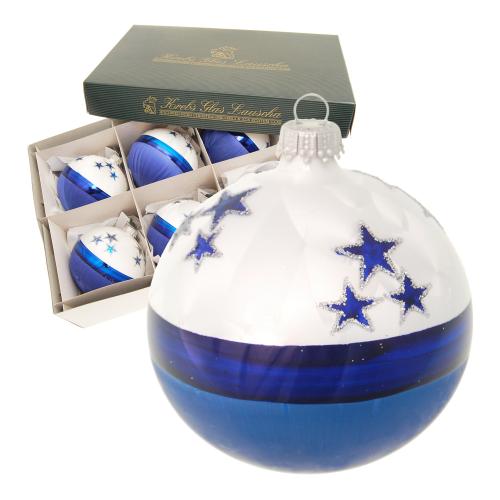 Eislack wei/blau 8cm Glaskugel mundgeblasen und handdekoriert mit blauen Sternen (6 Stck)