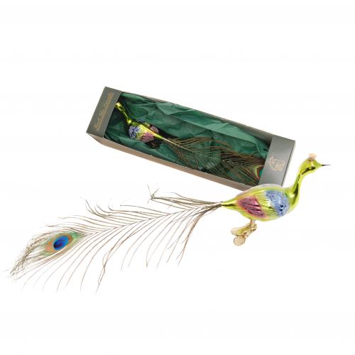Glasvogel Pfau auf Clip mit Feder, Gold, 18cm