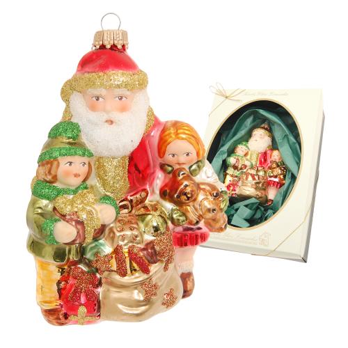 Rot/Gold/Grn 12cm Weihnachtsmann mit Sack und Kindern, Glasornament, mundgeblasen und handdekoriert